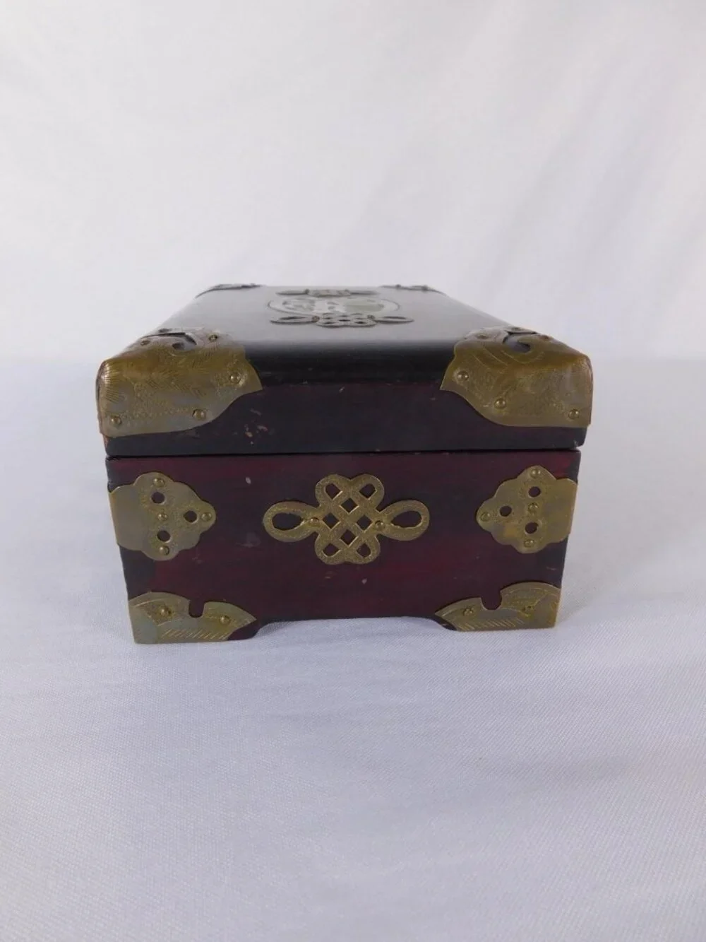 Vintage Chinese Wood Jewelry Box Brass Hardware Jade Inlay Style Lined Trinket